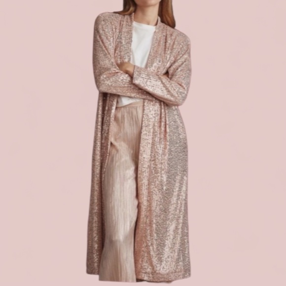 Mare Mare x Anthropologie Longline Sequin Kimono XS Rose Gold Pink Open Duster - Picture 2 of 11